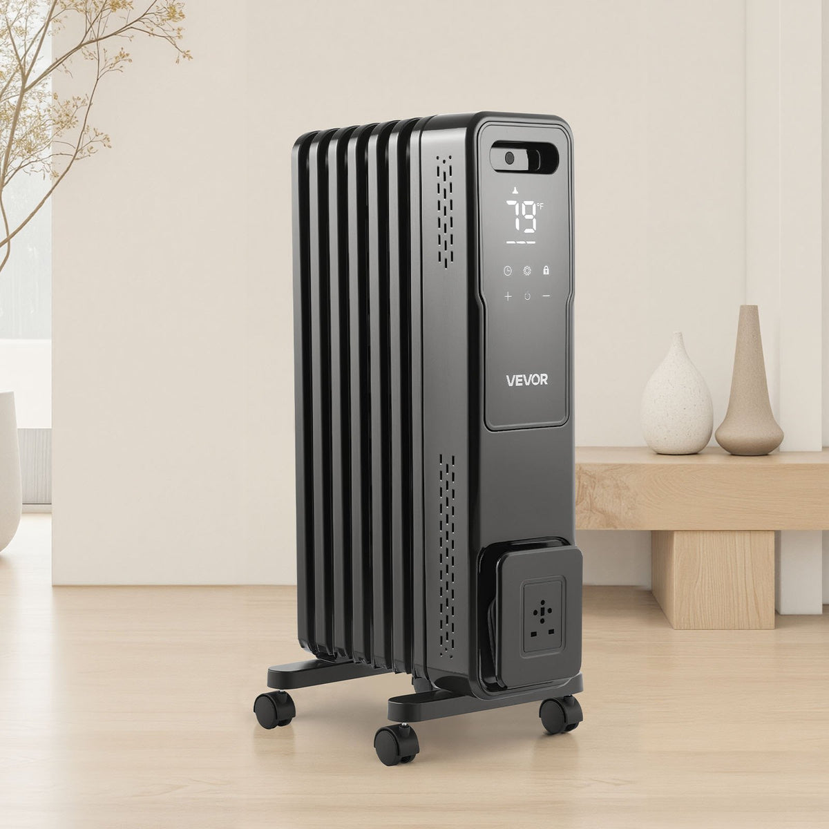 VEVOR Electric Oil Filled Radiator, 1500W Radiant Space Heater with Dual U-shaped Heating Tubes, Over-Heat Protections,3 Heat Settings,24h Timer, Flexible Casters, Remote Control for Indoor,Black - CYSFSJRQMXFRY8BZ1001V1 - view 9