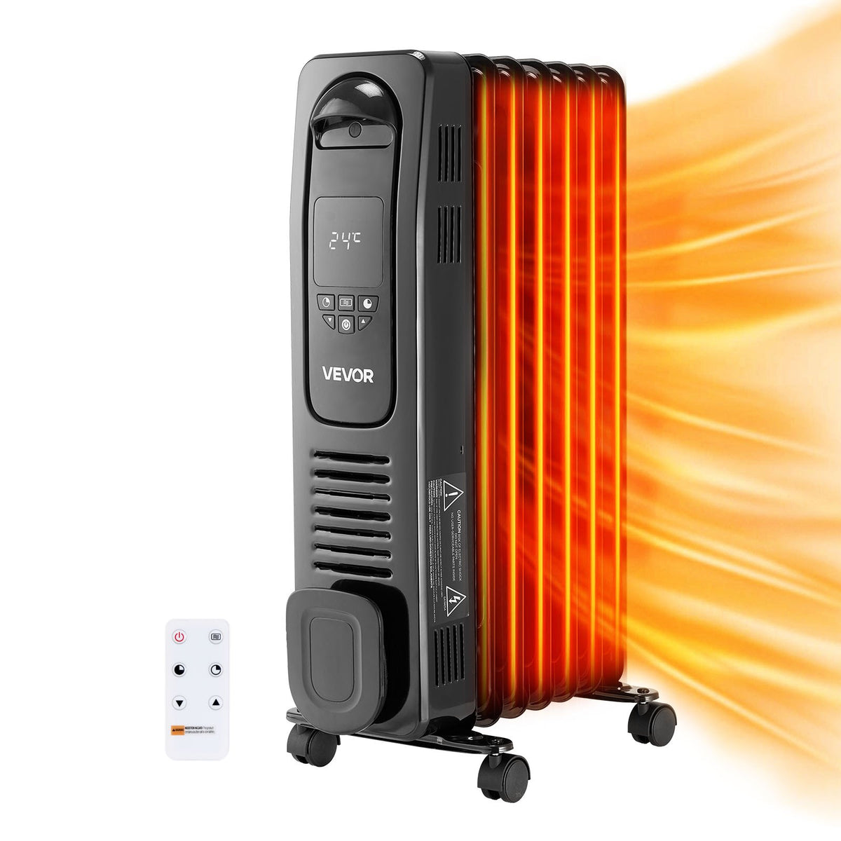 VEVOR Electric Oil Filled Radiator, 1500W Radiant Space Heater with LED Screen, Over-Heat Protections,24h Timer, Portable Handle Casters, Thermostat,Remote Control for Indoor Use,Black - CYSFSJRQYZXFZFEBU001V1 - view 1