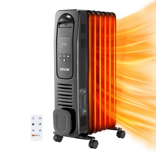 VEVOR Electric Oil Filled Radiator, 1500W Radiant Space Heater with LED Screen, Over-Heat Protections,24h Timer, Portable Handle Casters, Thermostat,Remote Control for Indoor Use,Black - CYSFSJRQYZXFZFEBU001V1 - view 2