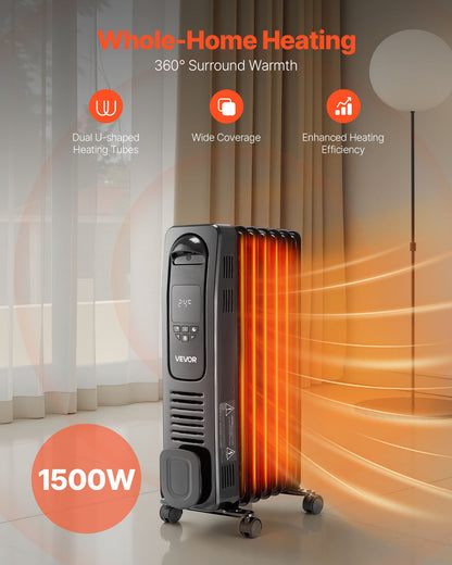 VEVOR Electric Oil Filled Radiator, 1500W Radiant Space Heater with LED Screen, Over-Heat Protections,24h Timer, Portable Handle Casters, Thermostat,Remote Control for Indoor Use,Black - CYSFSJRQYZXFZFEBU001V1 - view 3