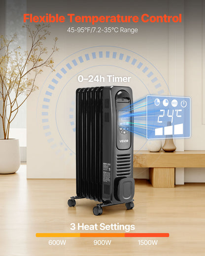 VEVOR Electric Oil Filled Radiator, 1500W Radiant Space Heater with LED Screen, Over-Heat Protections,24h Timer, Portable Handle Casters, Thermostat,Remote Control for Indoor Use,Black - CYSFSJRQYZXFZFEBU001V1 - view 4