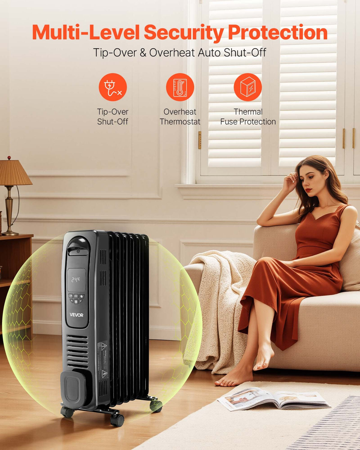 VEVOR Electric Oil Filled Radiator, 1500W Radiant Space Heater with LED Screen, Over-Heat Protections,24h Timer, Portable Handle Casters, Thermostat,Remote Control for Indoor Use,Black - CYSFSJRQYZXFZFEBU001V1 - view 5