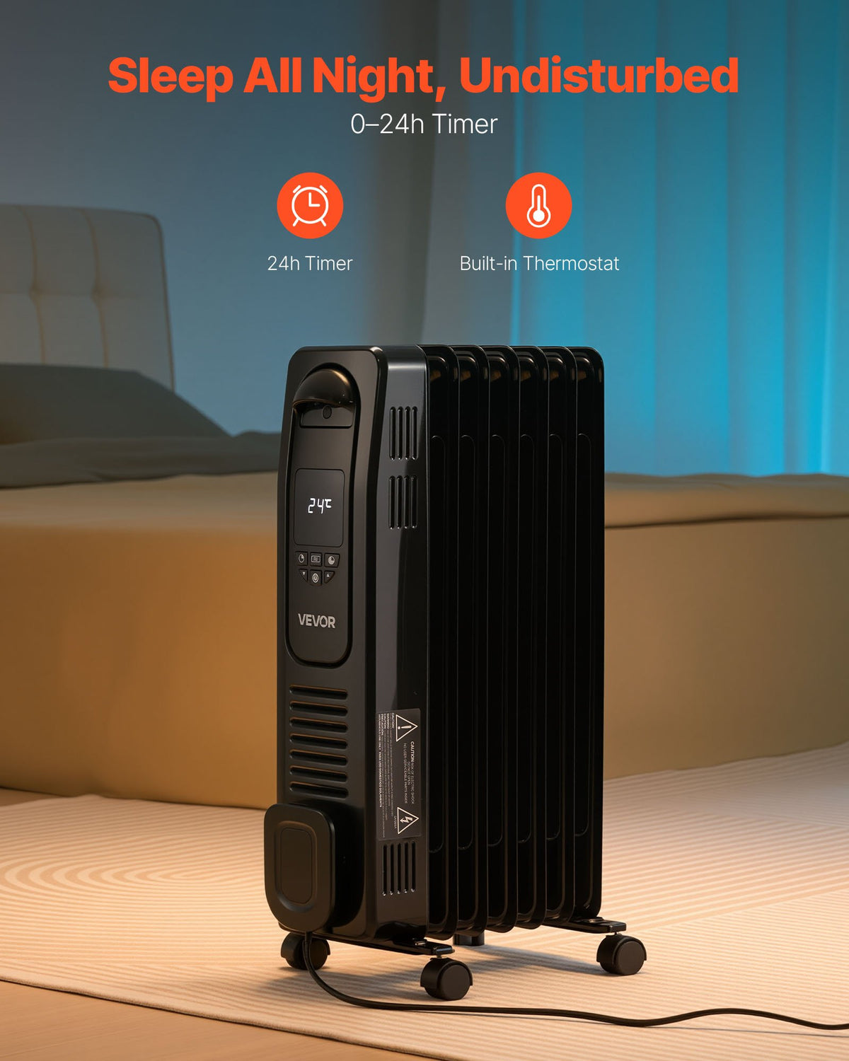 VEVOR Electric Oil Filled Radiator, 1500W Radiant Space Heater with LED Screen, Over-Heat Protections,24h Timer, Portable Handle Casters, Thermostat,Remote Control for Indoor Use,Black - CYSFSJRQYZXFZFEBU001V1 - view 6