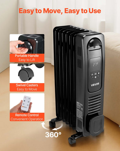 VEVOR Electric Oil Filled Radiator, 1500W Radiant Space Heater with LED Screen, Over-Heat Protections,24h Timer, Portable Handle Casters, Thermostat,Remote Control for Indoor Use,Black - CYSFSJRQYZXFZFEBU001V1 - view 7