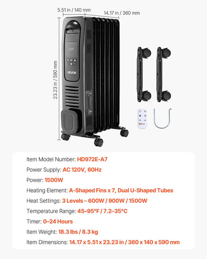 VEVOR Electric Oil Filled Radiator, 1500W Radiant Space Heater with LED Screen, Over-Heat Protections,24h Timer, Portable Handle Casters, Thermostat,Remote Control for Indoor Use,Black - CYSFSJRQYZXFZFEBU001V1 - view 8
