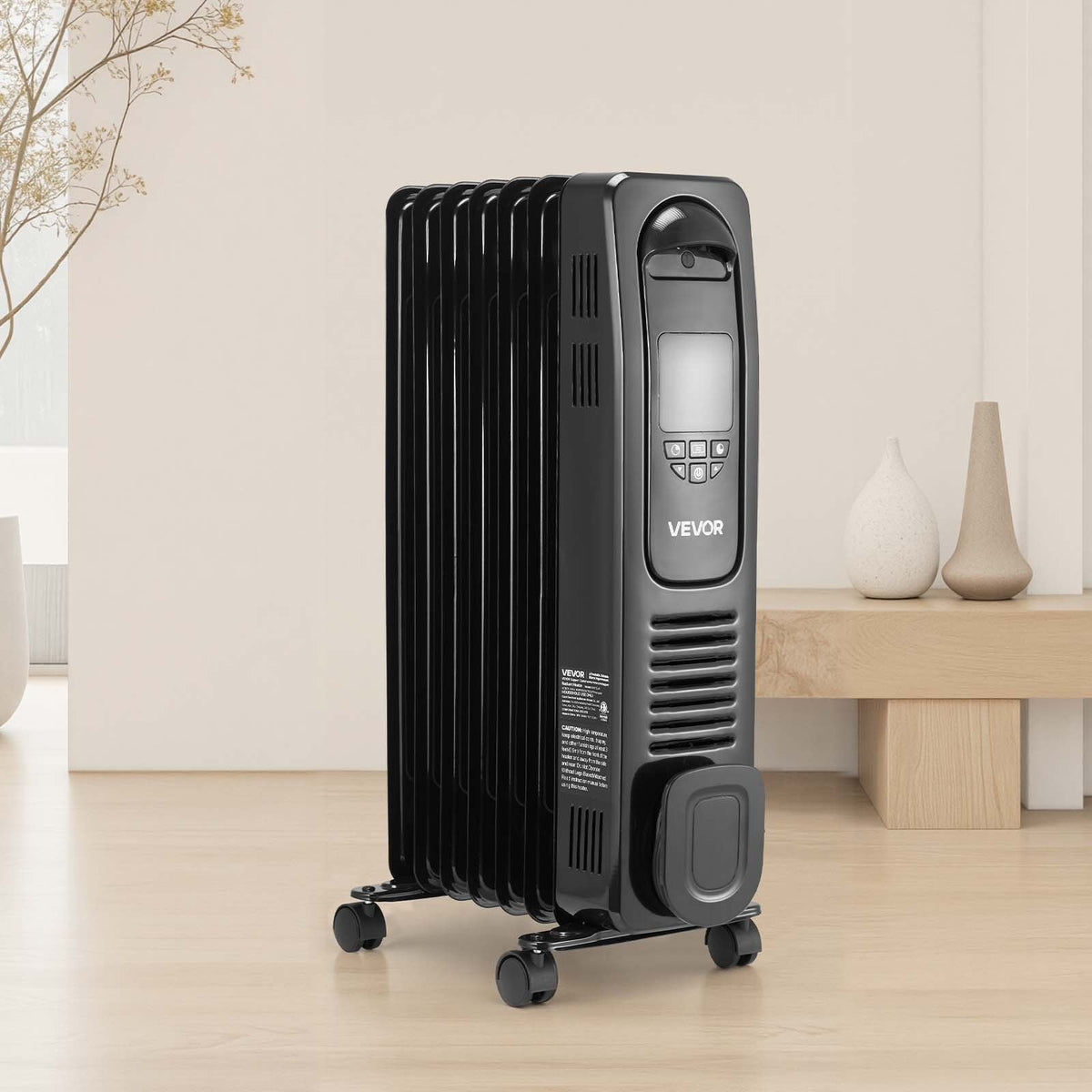VEVOR Electric Oil Filled Radiator, 1500W Radiant Space Heater with LED Screen, Over-Heat Protections,24h Timer, Portable Handle Casters, Thermostat,Remote Control for Indoor Use,Black - CYSFSJRQYZXFZFEBU001V1 - view 9