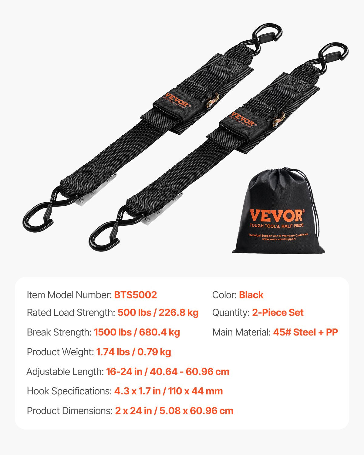 VEVOR Retractable Ratchet Straps, 2 in x 2 ft Ratchet Tie Down Straps with Security Lock S Hooks, 2 Pack Heavy Duty Ratchet Tie Down Straps with 1500 lbs Break Strength, for Trailers, Vehicles, Boat - CYXJD2INCH2FW3U4LV0 - view 8