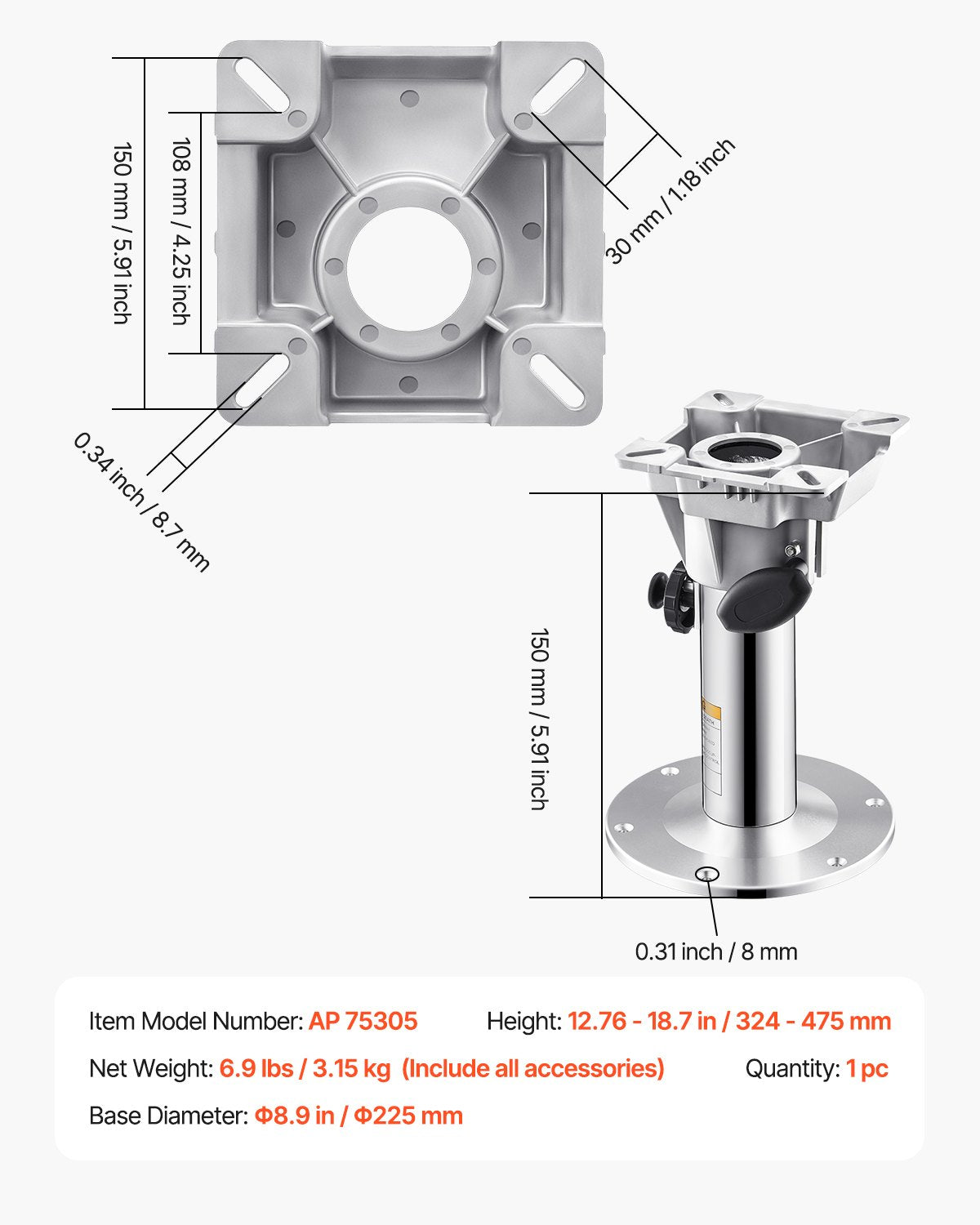 VEVOR Boat Seat Pedestal, Adjustable Height from 12.76 to 18.7 Inches, Aluminum Alloy Boat Chair Base with Locking Design, Waterproof & Rust-resistant, Ideal for Fishing and Boating Enthusiasts - CYZYKDJLZDZBVSCK8001V0 - view 8