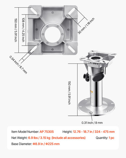 VEVOR Boat Seat Pedestal, Adjustable Height from 12.76 to 18.7 Inches, Aluminum Alloy Boat Chair Base with Locking Design, Waterproof & Rust-resistant, Ideal for Fishing and Boating Enthusiasts - CYZYKDJLZDZBVSCK8001V0 - view 8