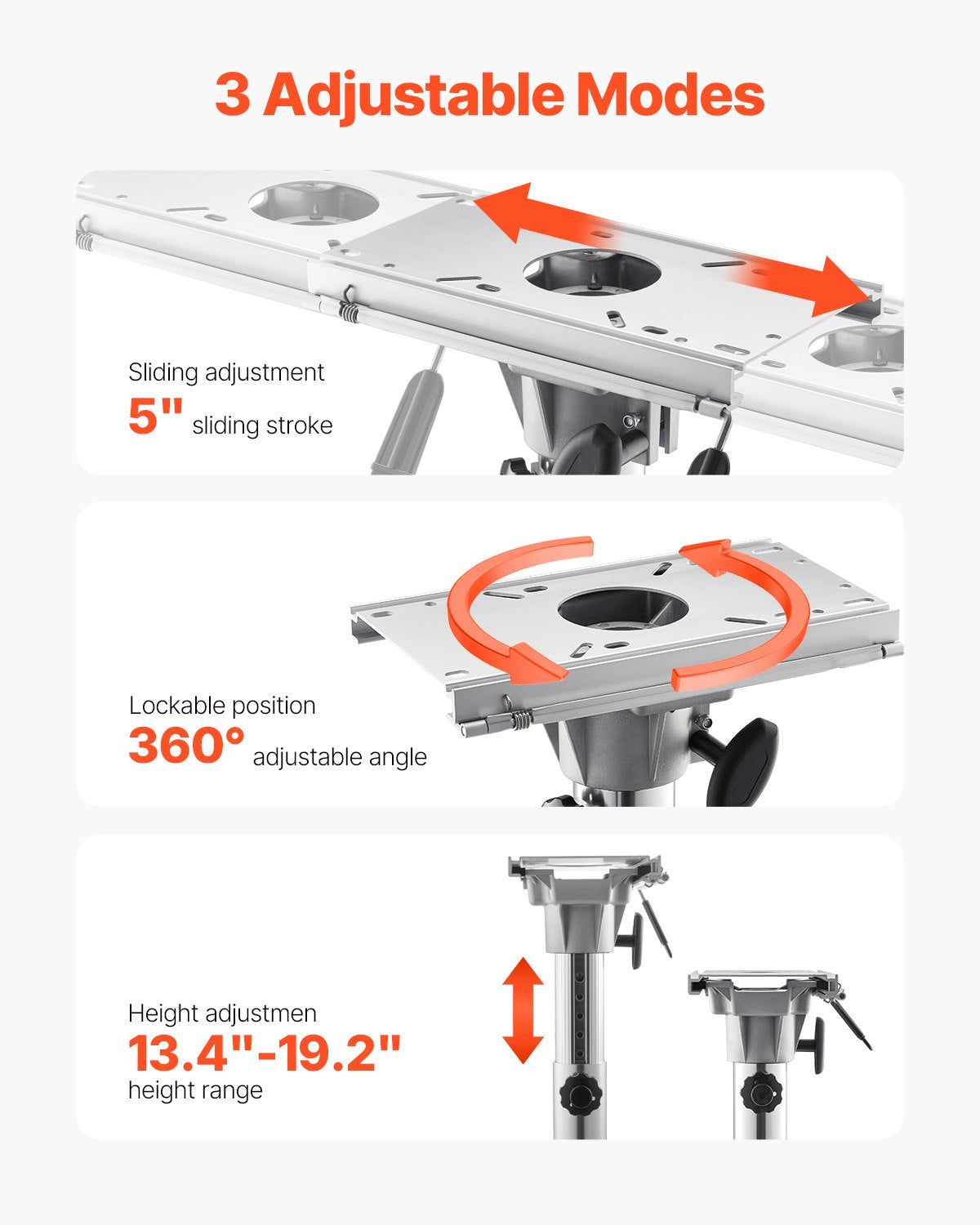 VEVOR Boat Seat Pedestal, Adjustable Height from 13.39 to 19.2 Inches, Aluminum Alloy Boat Chair Base with Slide, 5-inch Sliding Travel, Locking Design, Ideal for Fishing and Boating Enthusiasts - CYZYKDJLZDZDJ6GU5001V0 - view 3