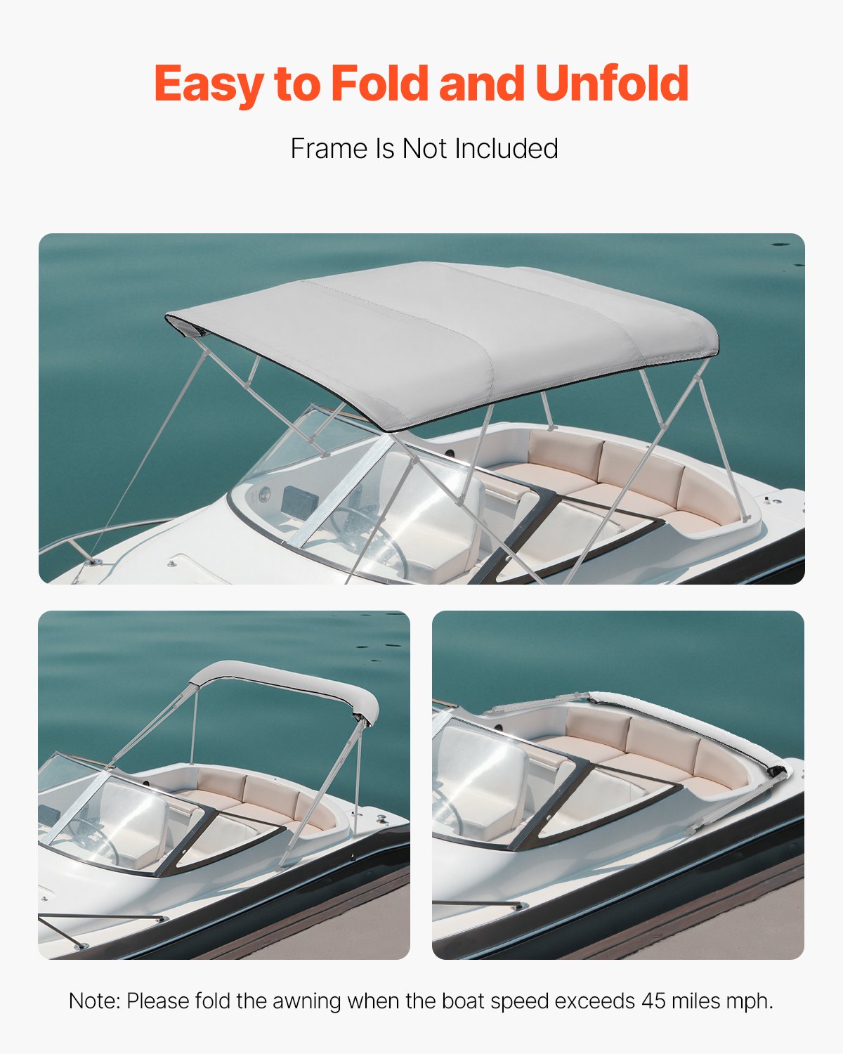 VEVOR 4 Bow Bimini Top Replacement Cover, 8 ft Long, Durable 600D Marine Grade Waterproof Sun Shade Boat Canopy with Storage Boot, Easy Install Zipper Sleeve Awning, 96"L x (91"-96")W, Gray (No Frame) - CYZYPDPTHJ960GXJX001V0 - view 6