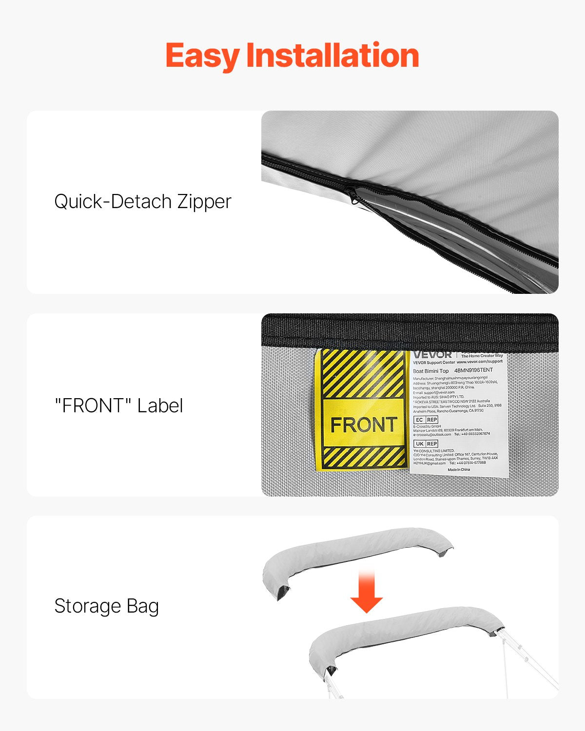 VEVOR 4 Bow Bimini Top Replacement Cover, 8 ft Long, Durable 600D Marine Grade Waterproof Sun Shade Boat Canopy with Storage Boot, Easy Install Zipper Sleeve Awning, 96"L x (91"-96")W, Gray (No Frame) - CYZYPDPTHJ960GXJX001V0 - view 7