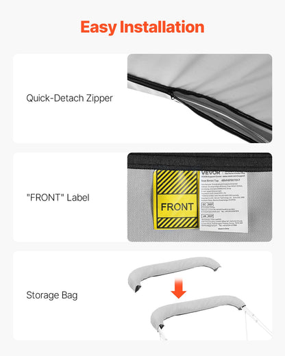 VEVOR 4 Bow Bimini Top Replacement Cover, 8 ft Long, Durable 600D Marine Grade Waterproof Sun Shade Boat Canopy with Storage Boot, Easy Install Zipper Sleeve Awning, 96"L x (91"-96")W, Gray (No Frame) - CYZYPDPTHJ960GXJX001V0 - view 7