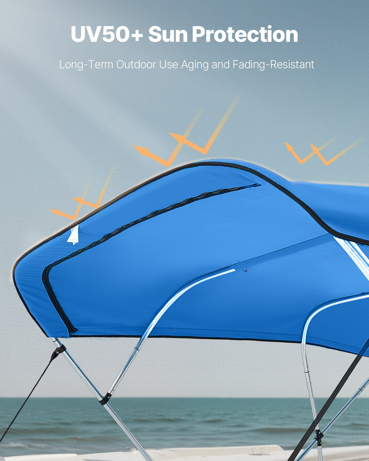 VEVOR 4 Bow Bimini Top Replacement Cover, 8 ft Long, Durable 600D Marine Grade Waterproof Sun Shade Boat Canopy with Storage Boot, Easy Install Zipper Sleeve Awning, 96"L x (91"-96")W, Blue (No Frame) - CYZYPDPTHJ96QQONR001V0 - view 5