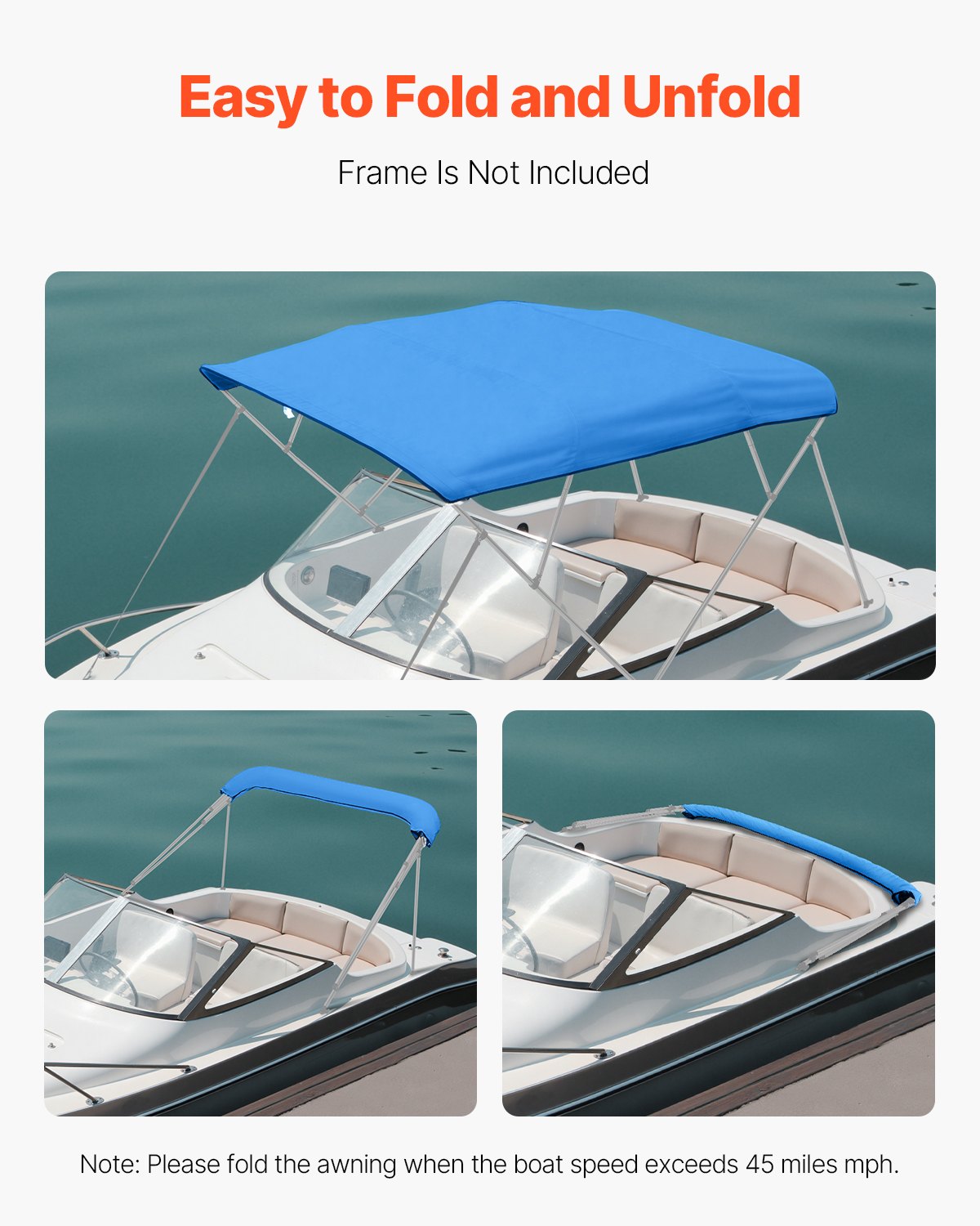 VEVOR 4 Bow Bimini Top Replacement Cover, 8 ft Long, Durable 600D Marine Grade Waterproof Sun Shade Boat Canopy with Storage Boot, Easy Install Zipper Sleeve Awning, 96"L x (91"-96")W, Blue (No Frame) - CYZYPDPTHJ96QQONR001V0 - view 6
