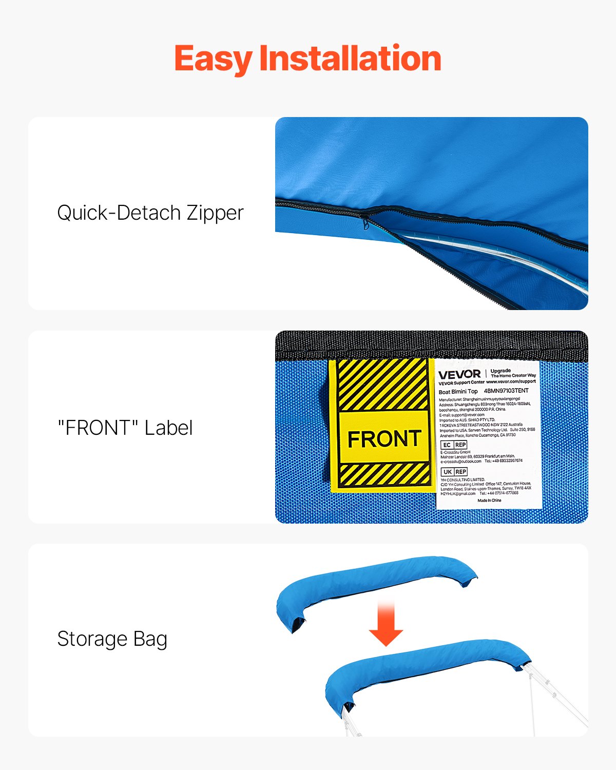 VEVOR 4 Bow Bimini Top Replacement Cover, 8 ft Long, Durable 600D Marine Grade Waterproof Sun Shade Boat Canopy with Storage Boot, Easy Install Zipper Sleeve Awning, 96"L x (91"-96")W, Blue (No Frame) - CYZYPDPTHJ96QQONR001V0 - view 7