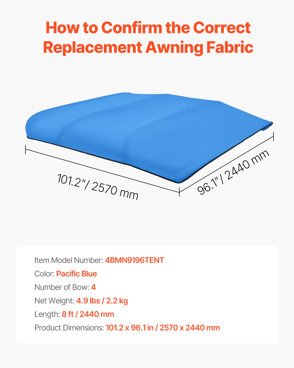 VEVOR 4 Bow Bimini Top Replacement Cover, 8 ft Long, Durable 600D Marine Grade Waterproof Sun Shade Boat Canopy with Storage Boot, Easy Install Zipper Sleeve Awning, 96"L x (91"-96")W, Blue (No Frame) - CYZYPDPTHJ96QQONR001V0 - view 8