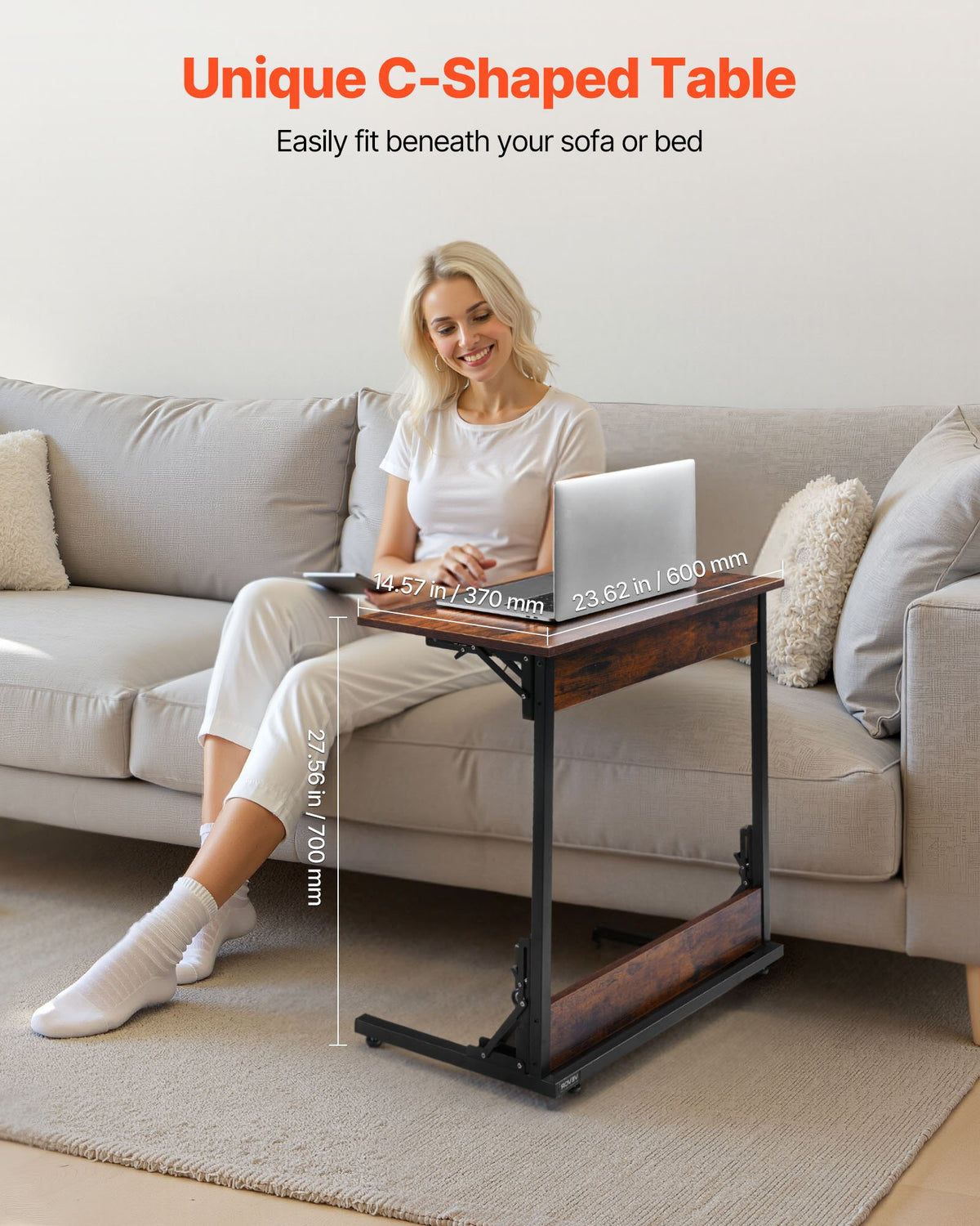 VEVOR C Table, Folding C Shaped End Table with Metal Frame & Adjustable Feet, Foldable C Shaped Side Table for Living Room Bedroom Office, 23.62 x 14.57 x 27.56 inch C Shaped TV Tray, Brown and Black - CZBHB24INCHBNUD8N001V0 - view 3