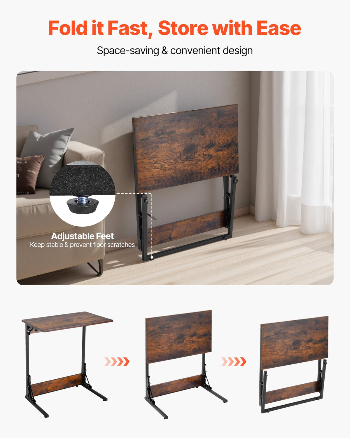 VEVOR C Table, Folding C Shaped End Table with Metal Frame & Adjustable Feet, Foldable C Shaped Side Table for Living Room Bedroom Office, 23.62 x 14.57 x 27.56 inch C Shaped TV Tray, Brown and Black - CZBHB24INCHBNUD8N001V0 - view 4