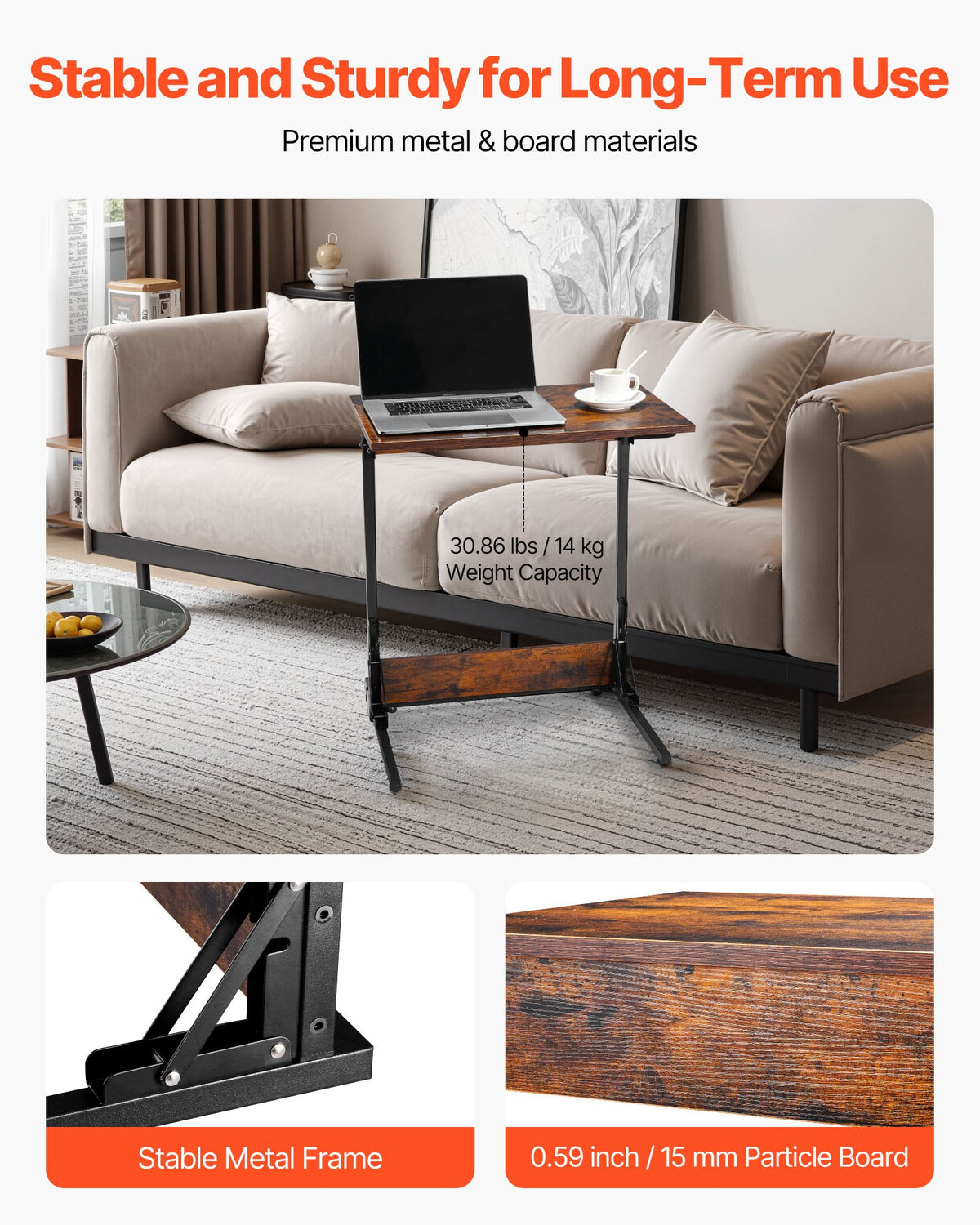 VEVOR C Table, Folding C Shaped End Table with Metal Frame & Adjustable Feet, Foldable C Shaped Side Table for Living Room Bedroom Office, 23.62 x 14.57 x 27.56 inch C Shaped TV Tray, Brown and Black - CZBHB24INCHBNUD8N001V0 - view 5