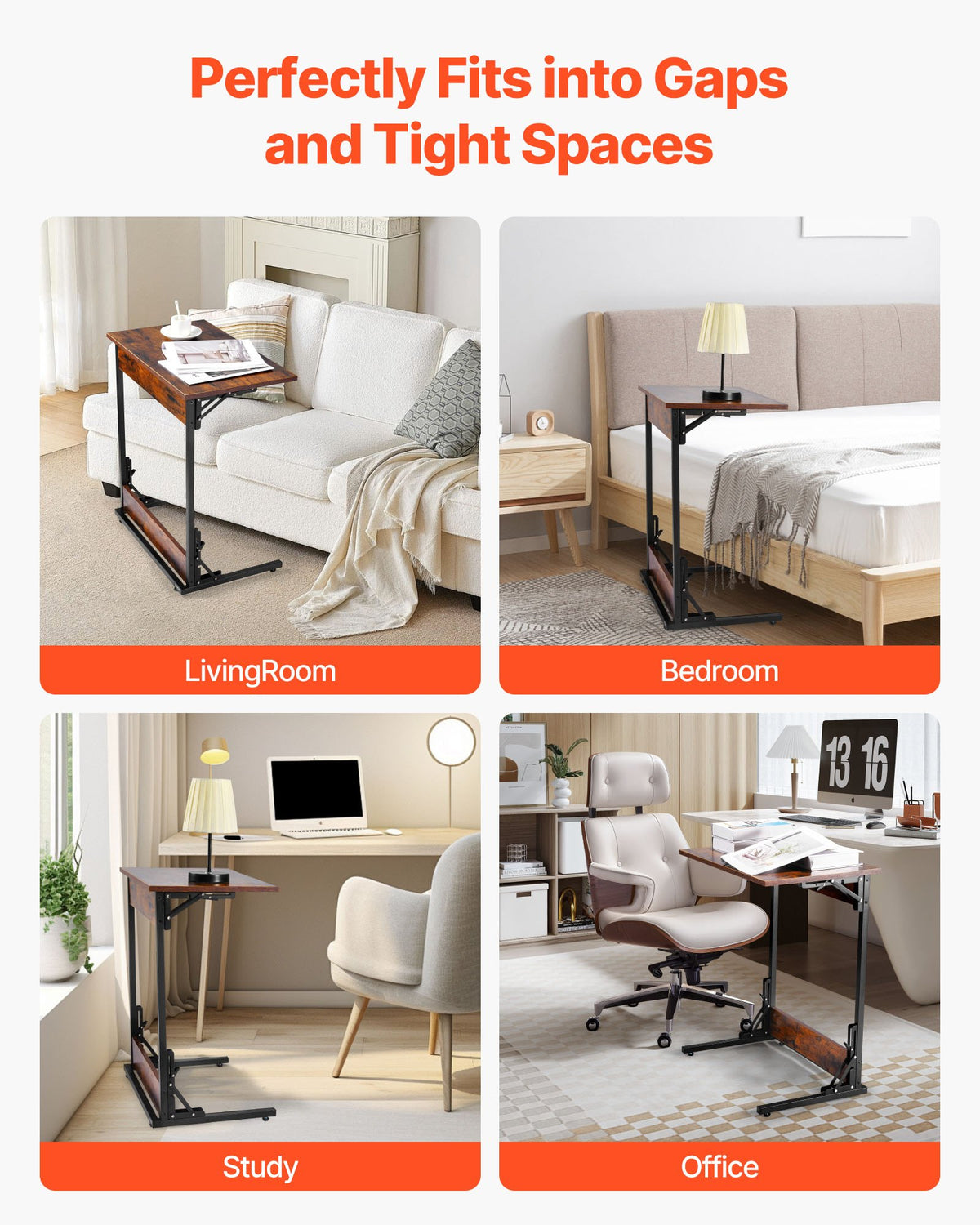 VEVOR C Table, Folding C Shaped End Table with Metal Frame & Adjustable Feet, Foldable C Shaped Side Table for Living Room Bedroom Office, 23.62 x 14.57 x 27.56 inch C Shaped TV Tray, Brown and Black - CZBHB24INCHBNUD8N001V0 - view 7