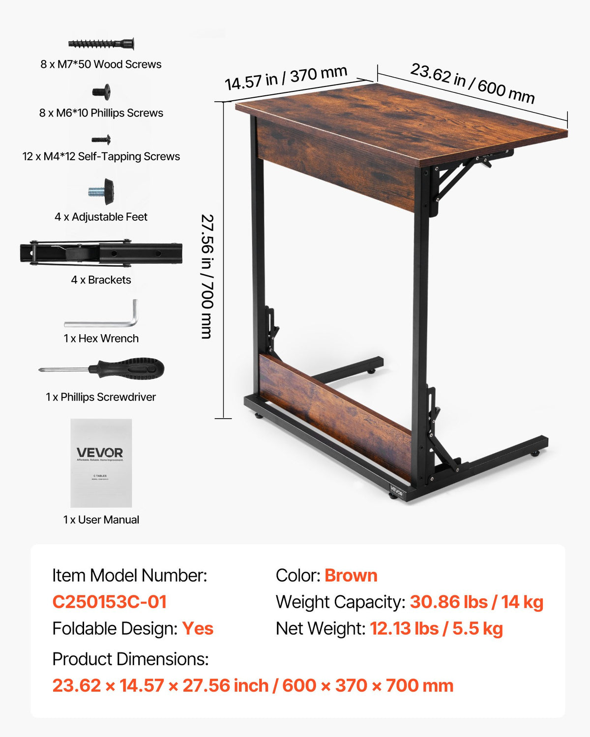 VEVOR C Table, Folding C Shaped End Table with Metal Frame & Adjustable Feet, Foldable C Shaped Side Table for Living Room Bedroom Office, 23.62 x 14.57 x 27.56 inch C Shaped TV Tray, Brown and Black - CZBHB24INCHBNUD8N001V0 - view 8
