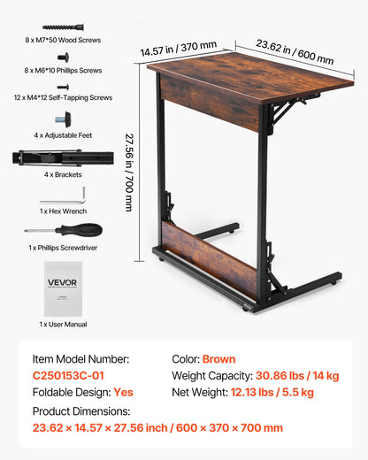 VEVOR C Table, Folding C Shaped End Table with Metal Frame & Adjustable Feet, Foldable C Shaped Side Table for Living Room Bedroom Office, 23.62 x 14.57 x 27.56 inch C Shaped TV Tray, Brown and Black - CZBHB24INCHBNUD8N001V0 - view 8