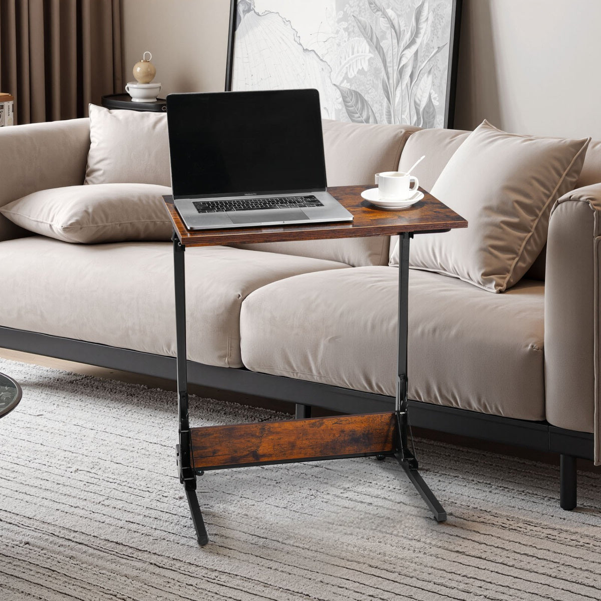 VEVOR C Table, Folding C Shaped End Table with Metal Frame & Adjustable Feet, Foldable C Shaped Side Table for Living Room Bedroom Office, 23.62 x 14.57 x 27.56 inch C Shaped TV Tray, Brown and Black - CZBHB24INCHBNUD8N001V0 - view 9