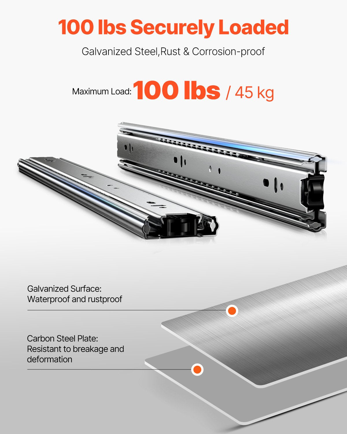 VEVOR Drawer Slides, 18 inch, 10 Pairs Full Extension Ball Bearing Cabinet Rails, 100 LB Load Capacity Heavy Duty Side Mount Dresser Drawer Slides, Drawer Track Runners for Kitchen DIY Replacement - CZCJCTDG100LPFFRWV0 - view 5
