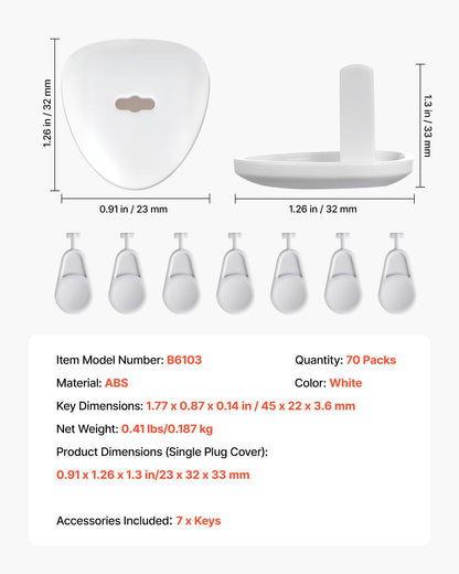 VEVOR Outlet Covers, 70 Pack, Plug Covers for Electrical Outlets, Secure Electric Socket Protector Caps with Shock Prevention, Easy Installation, Insulated ABS
