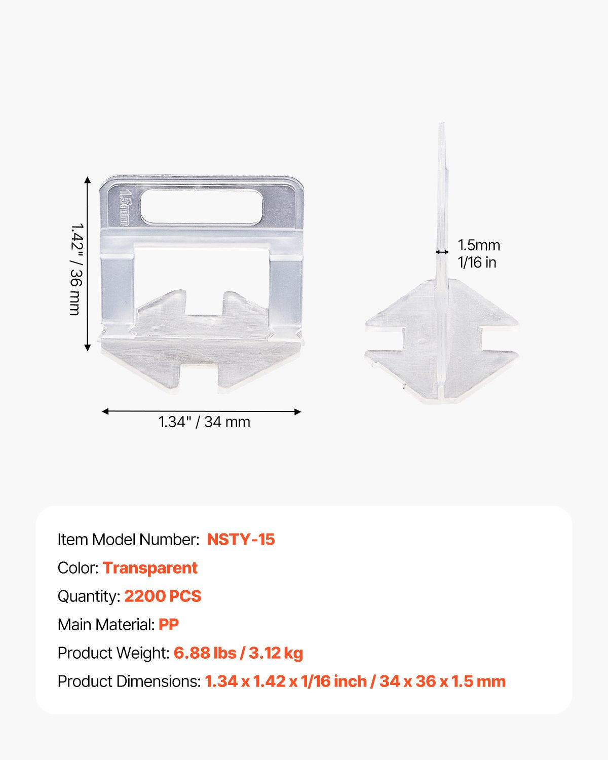 VEVOR Tile Leveling System Clips, 2200-Piece DIY Tile Leveler Spacers, 1/16"(1.5 mm) Tile Leveler Clips, Tile Leveling System Tile Installation Tools for Professional Ceramic Tile, Stone Installation - CZDP2000GDP1J0W9XV0 - view 8