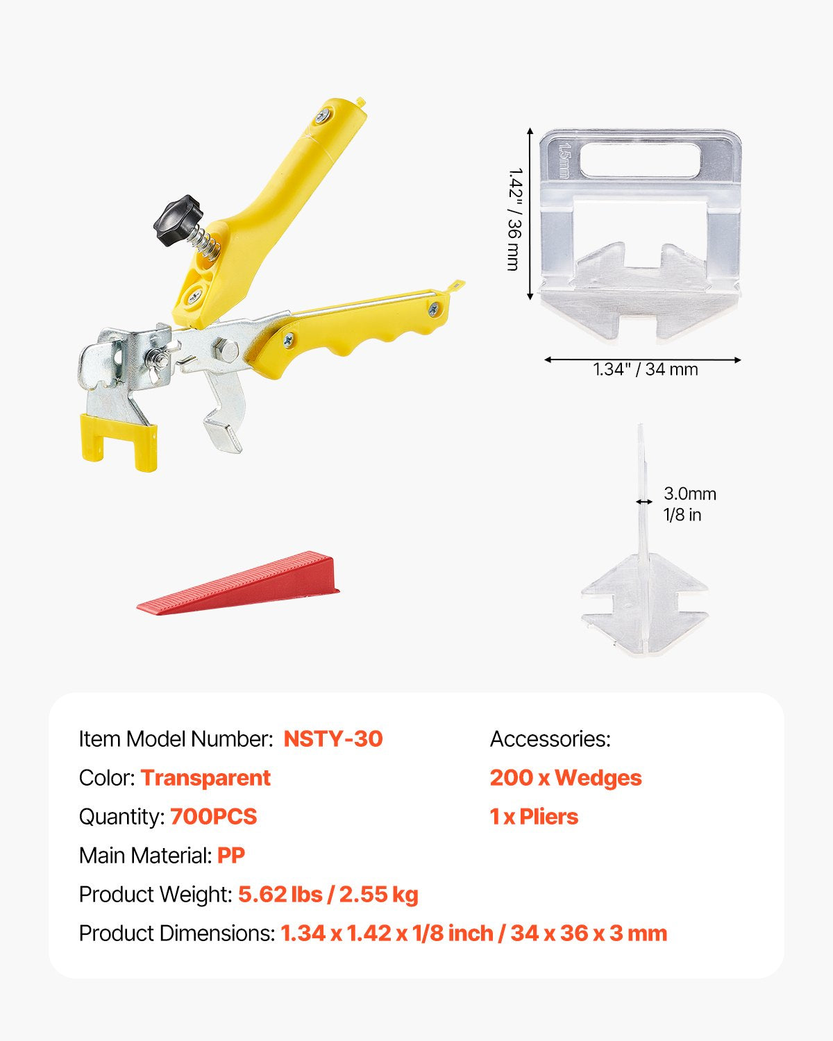 VEVOR Tile Leveling System, 1/8 Inch(3 mm) with 1pc Tile Plier, 700 PCS DIY Tile Leveler Spacers Clips and 200 PCS Reusable Wedges, Tile Tools Set for Professional Ceramic Tile and Stone Installation - CZDPTZ18INCHJWZOQV0 - view 8