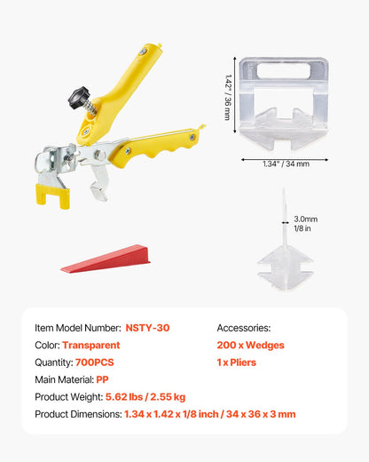 VEVOR Tile Leveling System, 1/8 Inch(3 mm) with 1pc Tile Plier, 700 PCS DIY Tile Leveler Spacers Clips and 200 PCS Reusable Wedges, Tile Tools Set for Professional Ceramic Tile and Stone Installation - CZDPTZ18INCHJWZOQV0 - view 8