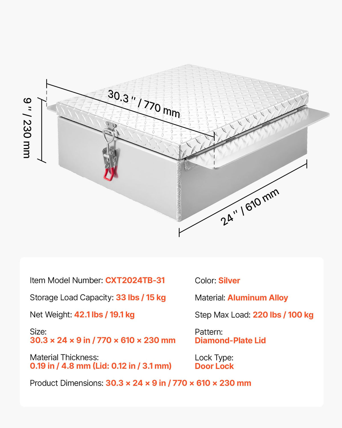 VEVOR Truck Bed Tool Box, Heavy Duty Aluminum Tool Box with Diamond Plate, Storage Toolbox Chest Organizer Supports up to 220 lbs, Ideal for Pickup, Truck Bed, RV, Trailer, 30.3 x 24 x 9 in, Silver - CZGJX22INCHYB90W5001V0 - view 8