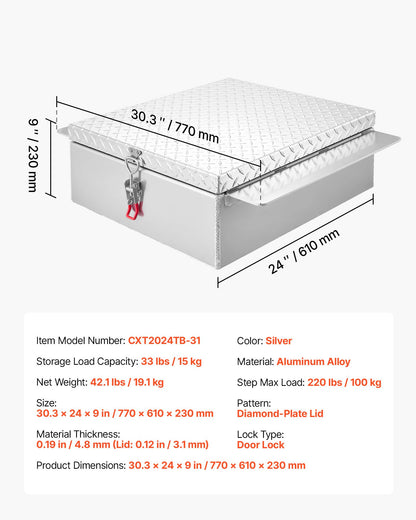 VEVOR Truck Bed Tool Box, Heavy Duty Aluminum Tool Box with Diamond Plate, Storage Toolbox Chest Organizer Supports up to 220 lbs, Ideal for Pickup, Truck Bed, RV, Trailer, 30.3 x 24 x 9 in, Silver - CZGJX22INCHYB90W5001V0 - view 8