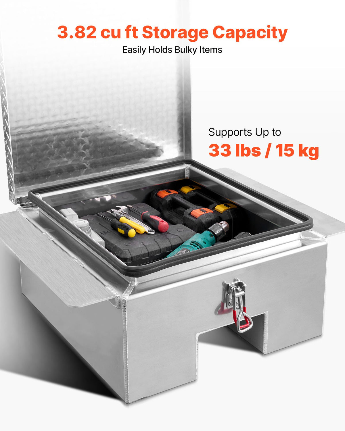 VEVOR Truck Bed Tool Box, Heavy Duty Aluminum Tool Box with Diamond Plate, Storage Toolbox Chest Organizer Supports up to 220 lbs, Ideal for Pickup, Truck Bed, RV, Trailer, 30.3 x 24 x 12.2 in, Silver - CZGJX24INCHYPX1GN001V0 - view 5