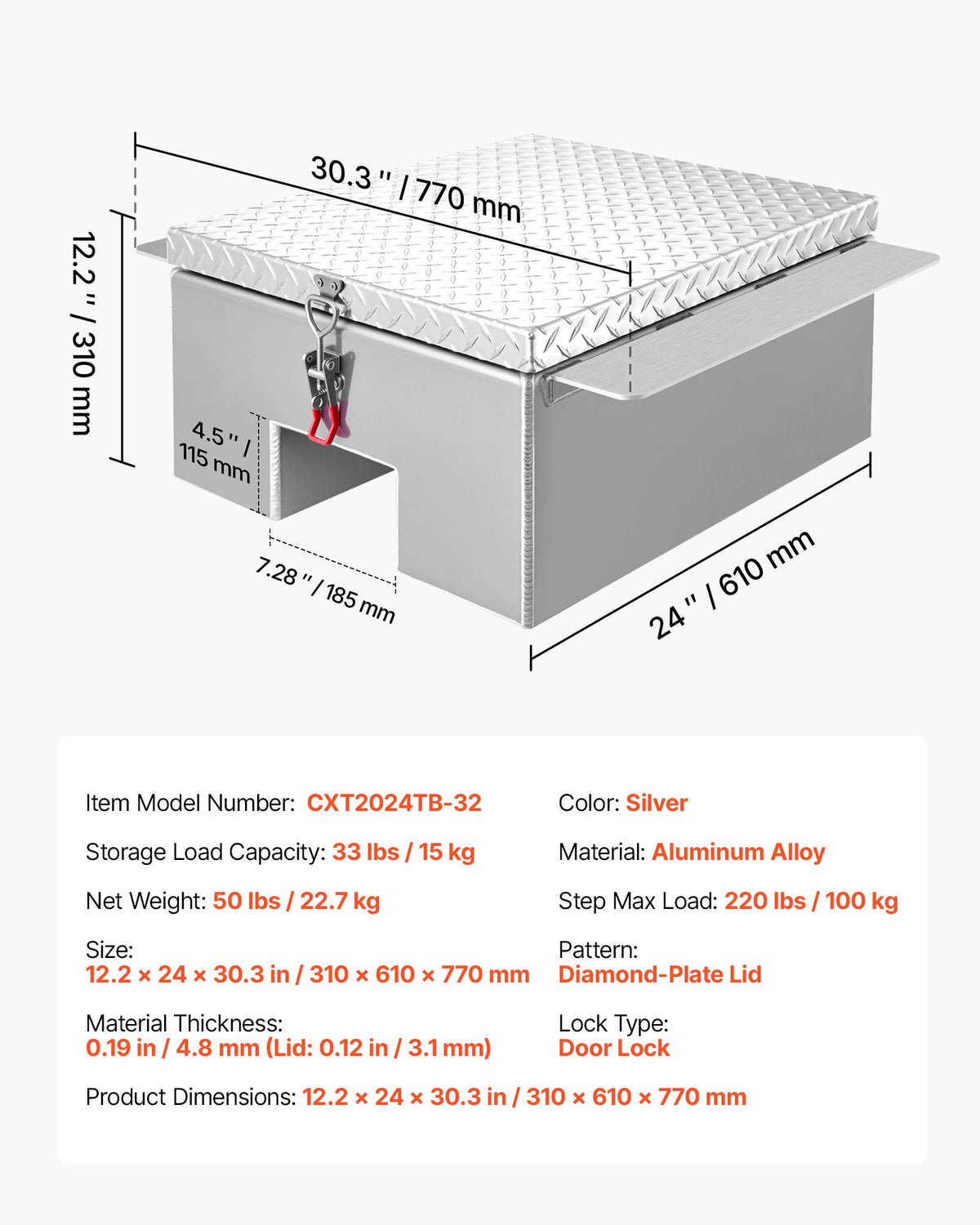 VEVOR Truck Bed Tool Box, Heavy Duty Aluminum Tool Box with Diamond Plate, Storage Toolbox Chest Organizer Supports up to 220 lbs, Ideal for Pickup, Truck Bed, RV, Trailer, 30.3 x 24 x 12.2 in, Silver - CZGJX24INCHYPX1GN001V0 - view 8
