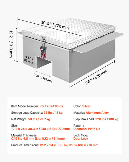 VEVOR Truck Bed Tool Box, Heavy Duty Aluminum Tool Box with Diamond Plate, Storage Toolbox Chest Organizer Supports up to 220 lbs, Ideal for Pickup, Truck Bed, RV, Trailer, 30.3 x 24 x 12.2 in, Silver - CZGJX24INCHYPX1GN001V0 - view 8