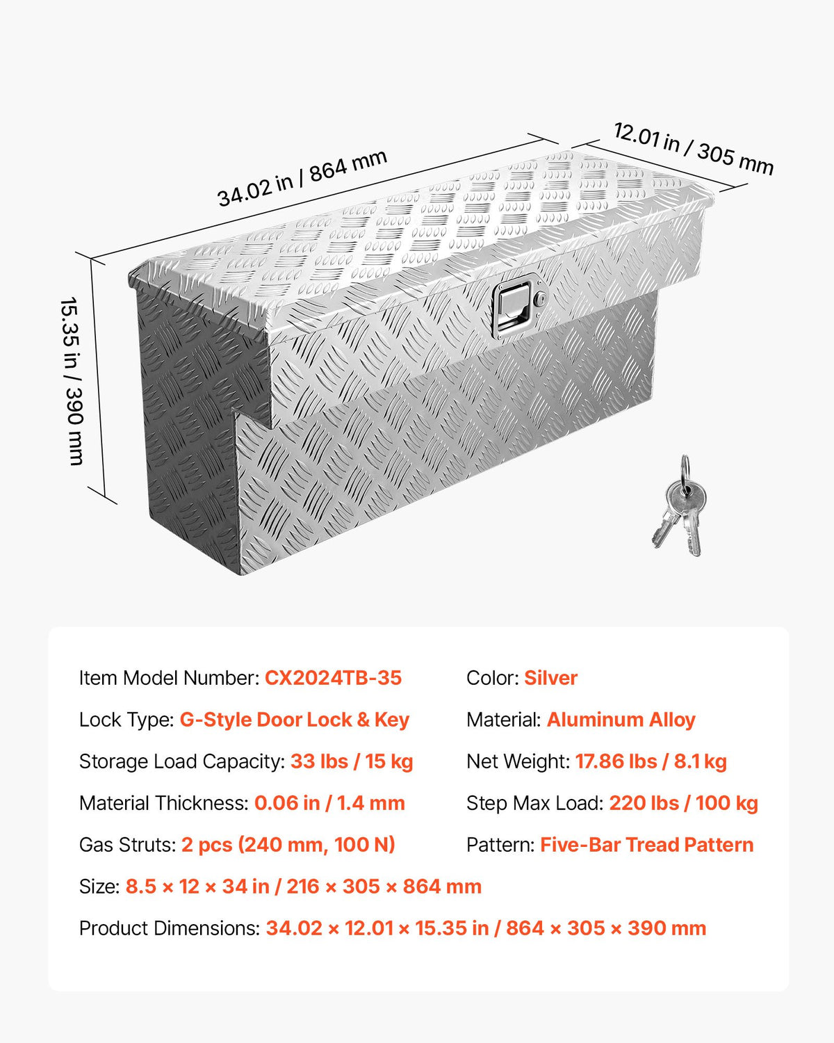 VEVOR Truck Bed Tool Box, Heavy Duty Aluminum Tool Box with Tread Patterns, Storage Toolbox Chest Organizer with Lock and Key, Ideal for Pickup, Truck Bed, RV, Trailer, 34 x 12 x 15.4 in, Silver - CZGJX33INCHY6ZBO7001V0 - view 8