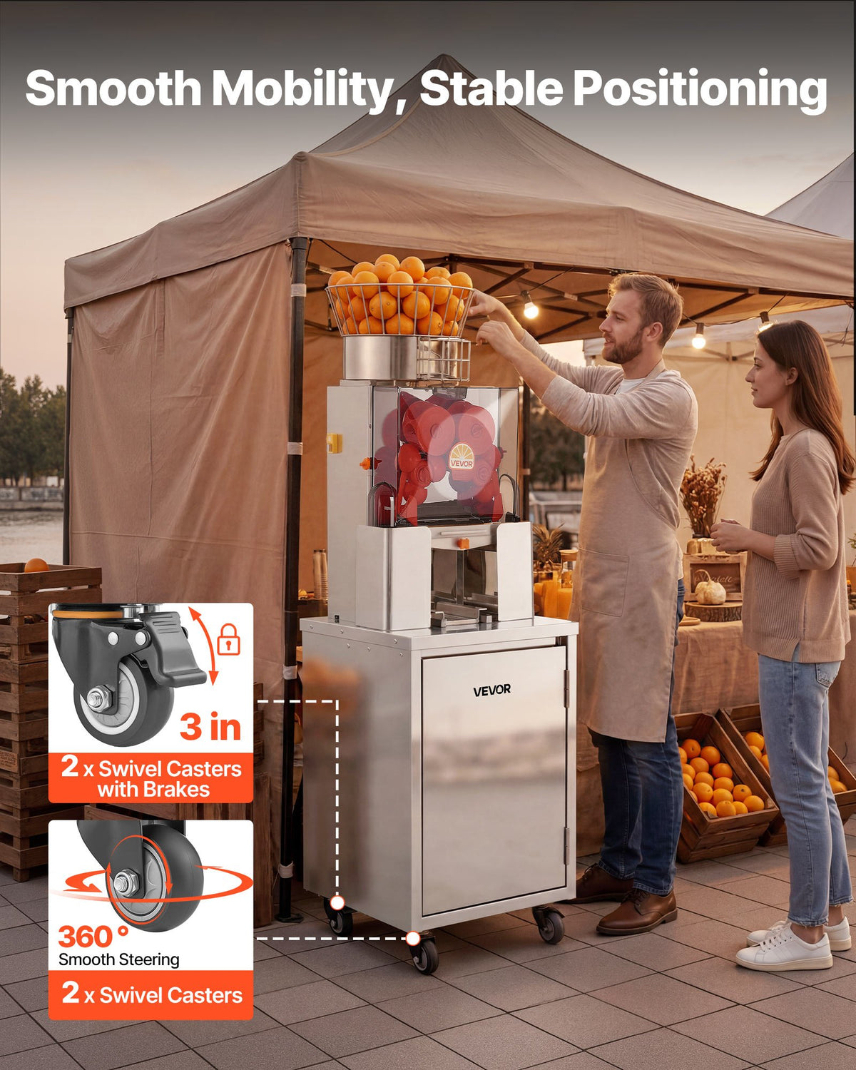 VEVOR Movable Base Cabinet for Orange Juicer, Thickened Stainless Steel Cabinet, 4 Swivel Casters, Compatible with VEVOR NS2000E-4\NS2000E-4P Fully Automatic Feed Orange Juicer, Easy Installation - CZJKYDDXQZDJF08TS001V0 - view 5