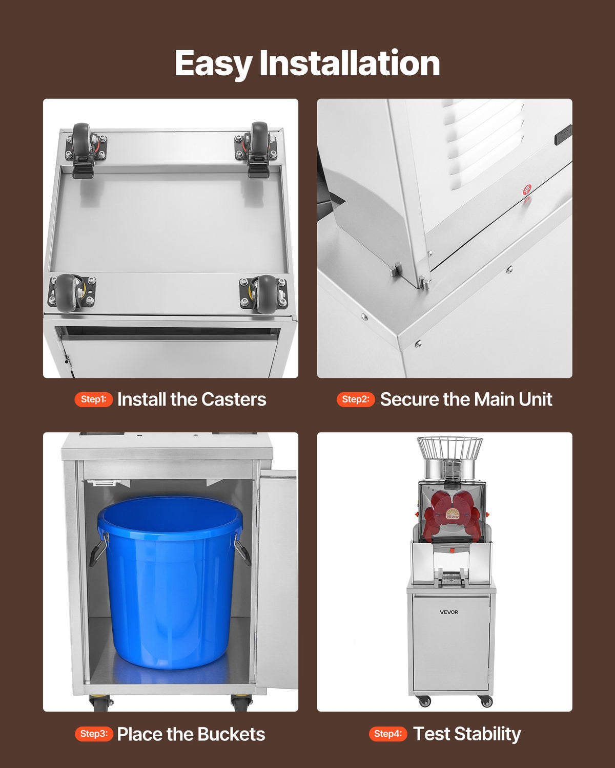 VEVOR Movable Base Cabinet for Orange Juicer, Thickened Stainless Steel Cabinet, 4 Swivel Casters, Compatible with VEVOR NS2000E-4\NS2000E-4P Fully Automatic Feed Orange Juicer, Easy Installation - CZJKYDDXQZDJF08TS001V0 - view 7