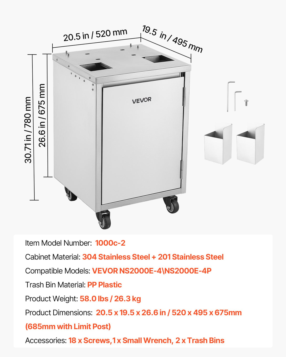 VEVOR Movable Base Cabinet for Orange Juicer, Thickened Stainless Steel Cabinet, 4 Swivel Casters, Compatible with VEVOR NS2000E-4\NS2000E-4P Fully Automatic Feed Orange Juicer, Easy Installation - CZJKYDDXQZDJF08TS001V0 - view 8