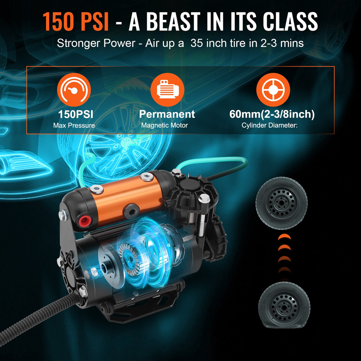 VEVOR Onboard Air Compressor Kit, 150PSI Offroad Air Compressor, Portable Tire Inflator Heavy Duty 3.5CFM Air Pump for Jeep SUV 4x4 Vehicle, Compatibility with Air tools, Air - CZKQYSJZLDYBDHPZBV9 - view 3