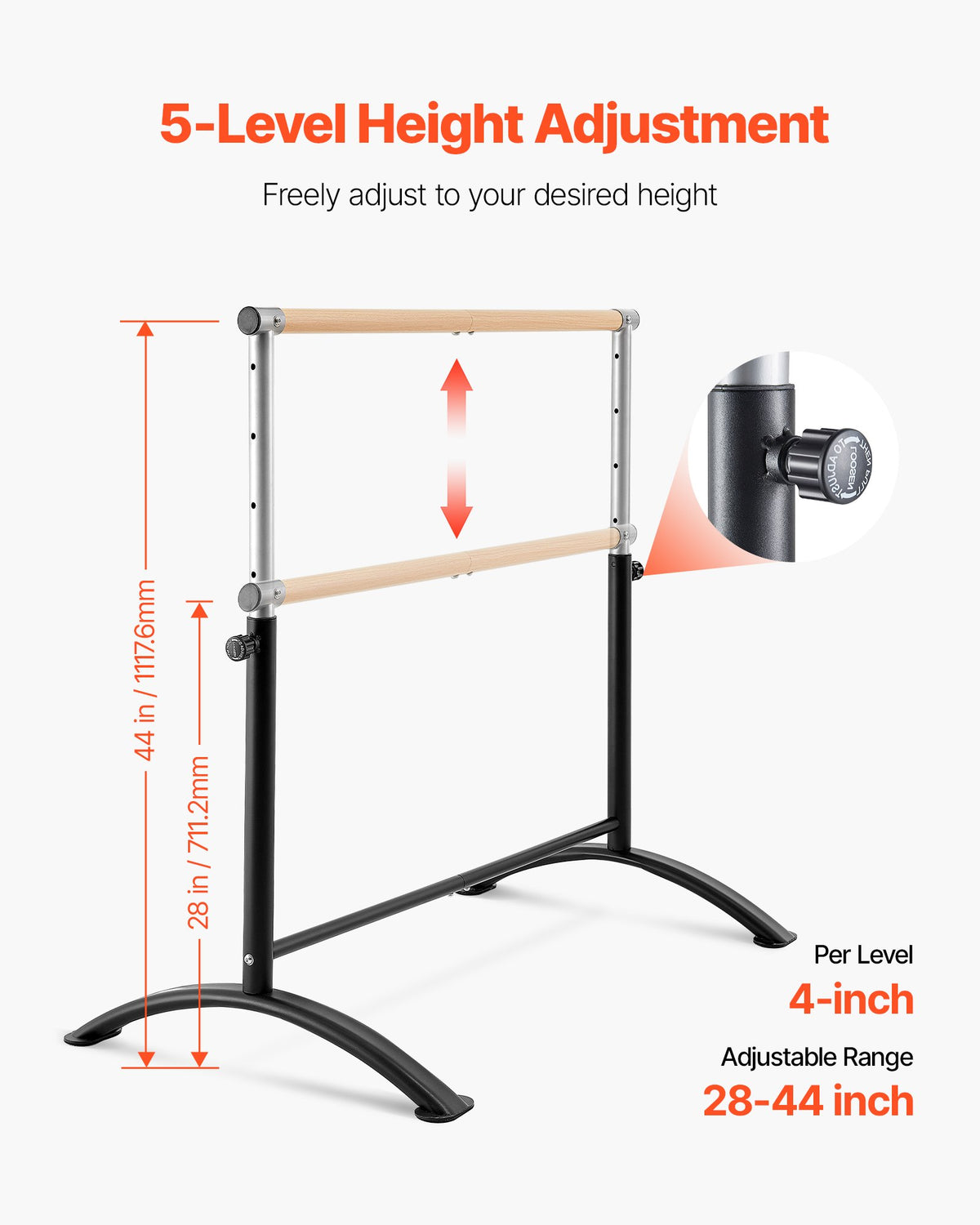 VEVOR Ballet Barre, 4 Ft Barre Bar for Home, Freestanding Portable Ballet Stretching Dance Bars, Height Adjustable Anti-Wobble Fitness Gym Studio Equipment, for Pilates Balance Workout - CZLDBLWG1GHGD1TXN001V0 - view 5