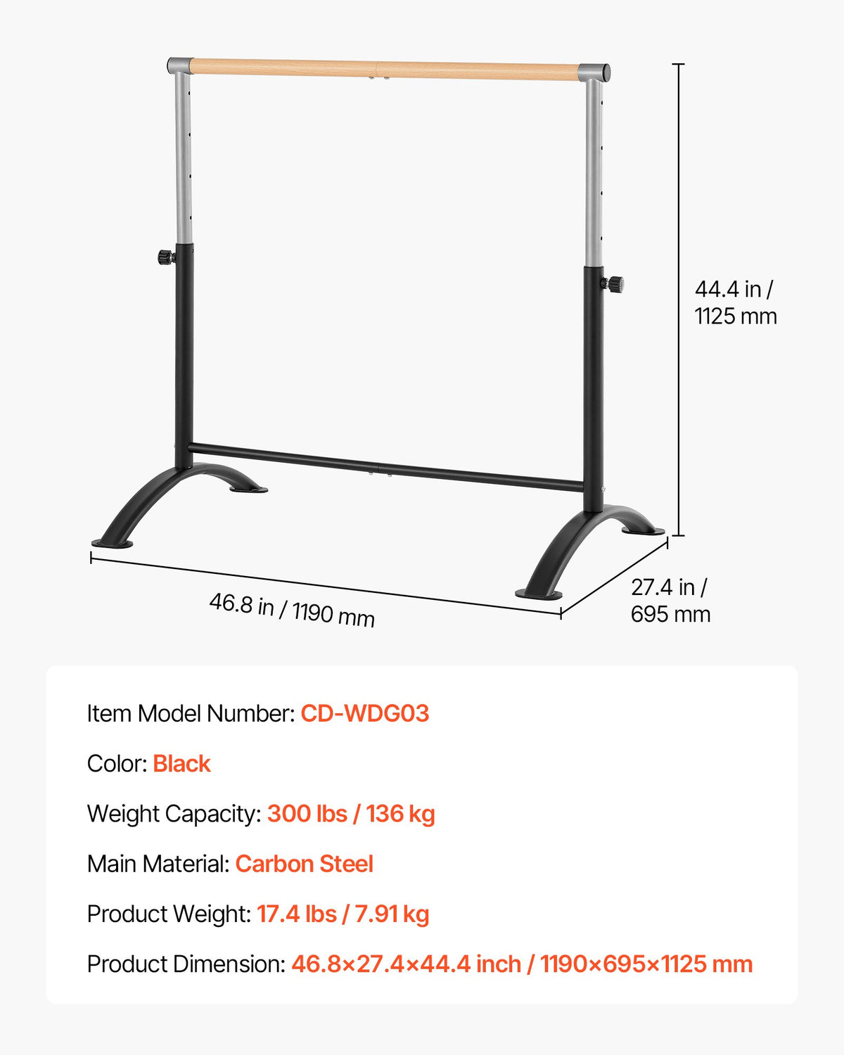 VEVOR Ballet Barre, 4 Ft Barre Bar for Home, Freestanding Portable Ballet Stretching Dance Bars, Height Adjustable Anti-Wobble Fitness Gym Studio Equipment, for Pilates Balance Workout - CZLDBLWG1GHGD1TXN001V0 - view 8