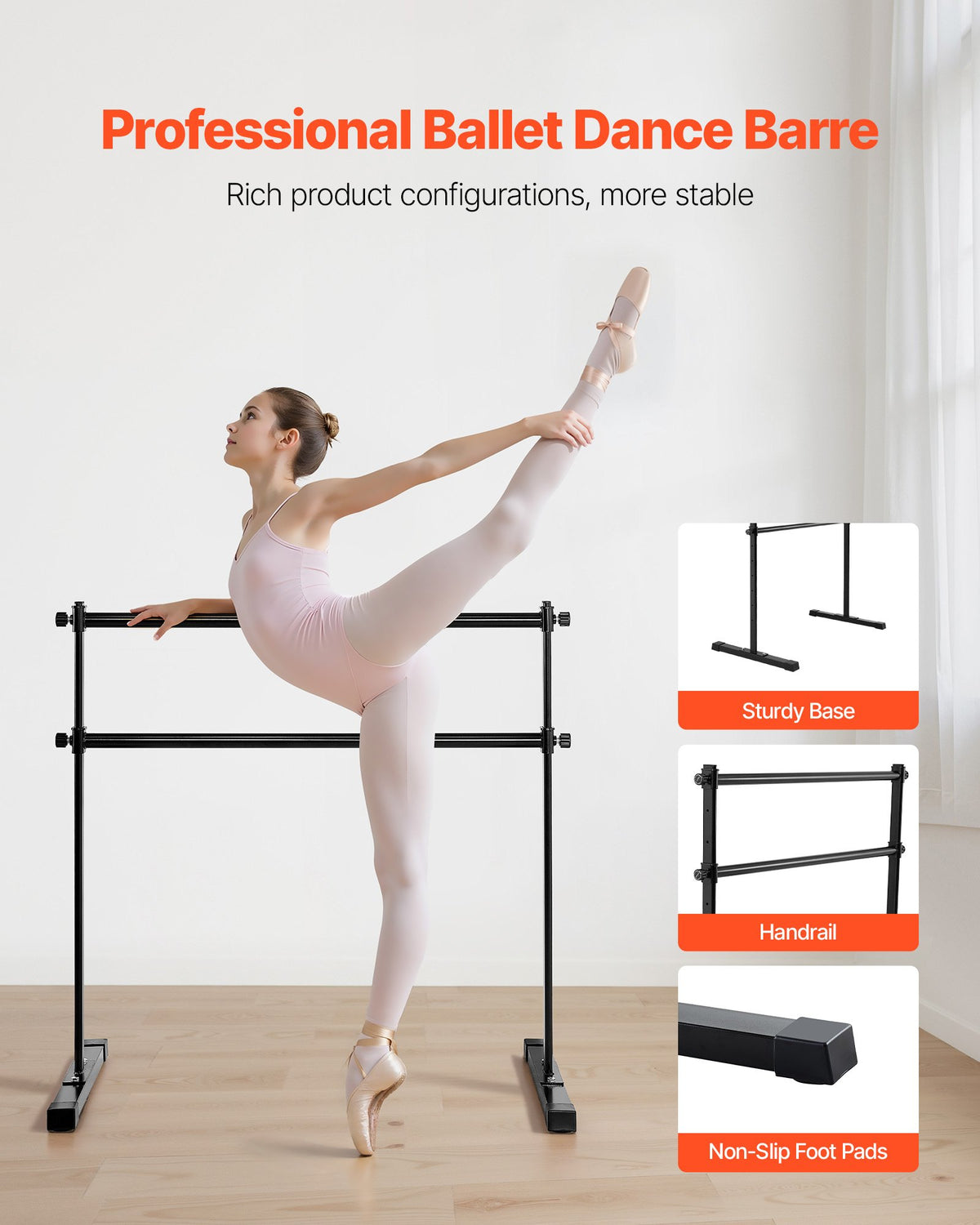 VEVOR Ballet Barre, 4 Ft Double Barre Bar for Home, Freestanding Portable Ballet Stretching Dance Bars, Height Adjustable Anti-Wobble Fitness Studio Equipment, for Pilates Balance Workout - CZLDBLWG2GHG8QCJE001V0 - view 4