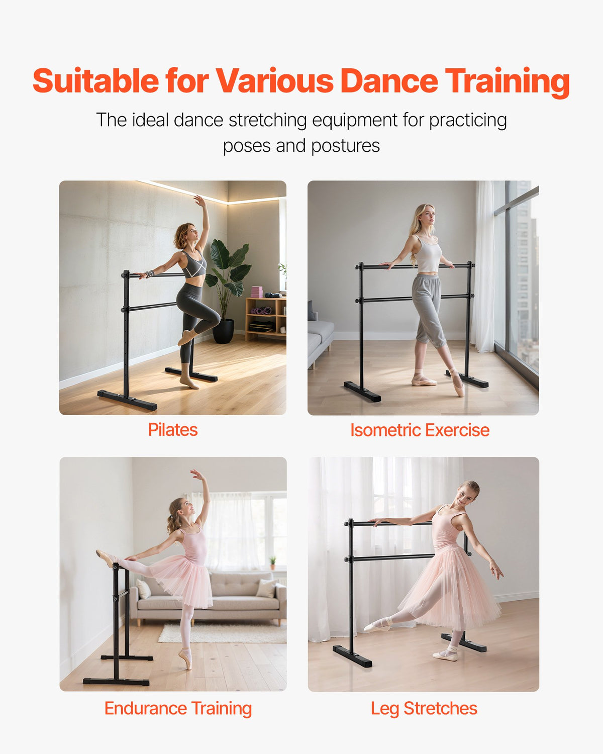 VEVOR Ballet Barre, 4 Ft Double Barre Bar for Home, Freestanding Portable Ballet Stretching Dance Bars, Height Adjustable Anti-Wobble Fitness Studio Equipment, for Pilates Balance Workout - CZLDBLWG2GHG8QCJE001V0 - view 6