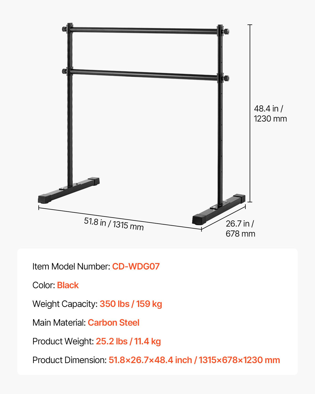 VEVOR Ballet Barre, 4 Ft Double Barre Bar for Home, Freestanding Portable Ballet Stretching Dance Bars, Height Adjustable Anti-Wobble Fitness Studio Equipment, for Pilates Balance Workout - CZLDBLWG2GHG8QCJE001V0 - view 8