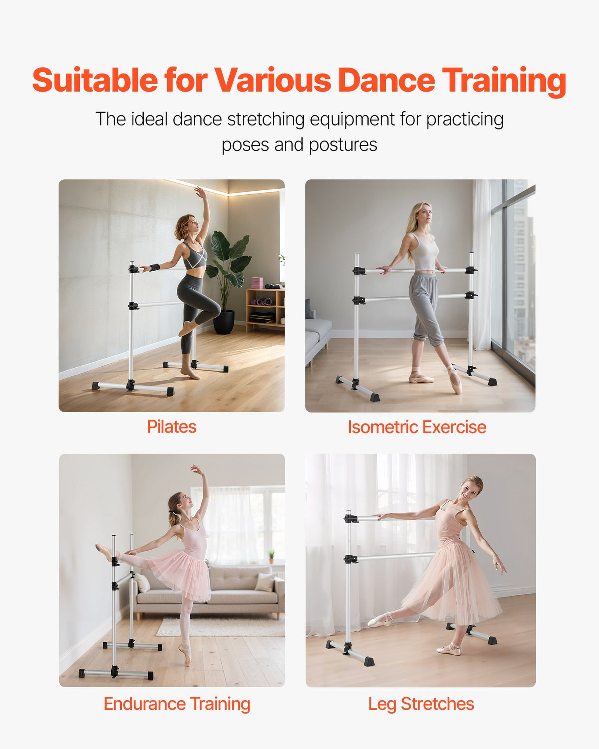 VEVOR Ballet Barre, 4 Ft Aluminum Double Barre Bar for Home, Freestanding Portable Ballet Stretching Dance Bars, Height Adjustable Anti-Wobble Fitness Studio Equipment, for Pilates Balance Workout - CZLDBLWG2GHGI7MFF001V0 - view 6
