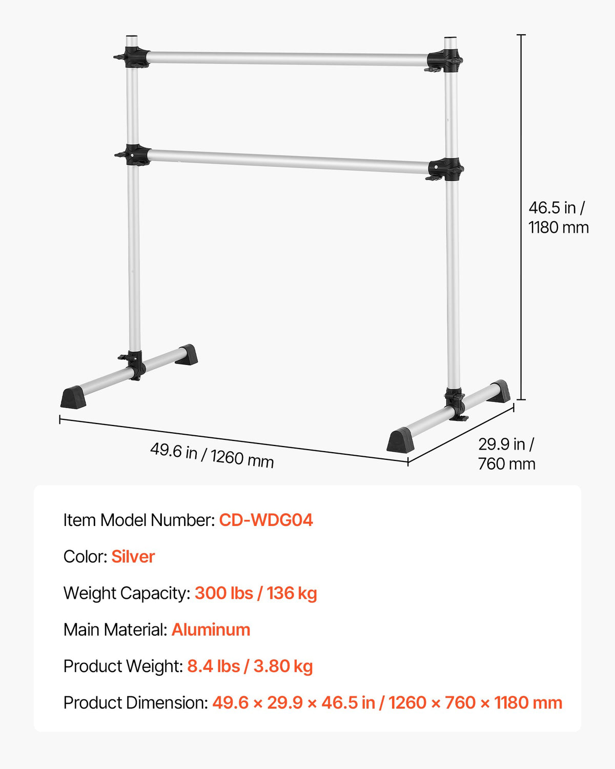 VEVOR Ballet Barre, 4 Ft Aluminum Double Barre Bar for Home, Freestanding Portable Ballet Stretching Dance Bars, Height Adjustable Anti-Wobble Fitness Studio Equipment, for Pilates Balance Workout - CZLDBLWG2GHGI7MFF001V0 - view 8